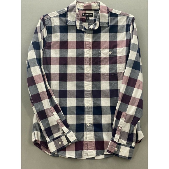 EXPRESS Button Down Mens M Multicolor Plaid Long Sleeve Casual Pocketed Shirt - Picture 11 of 12
